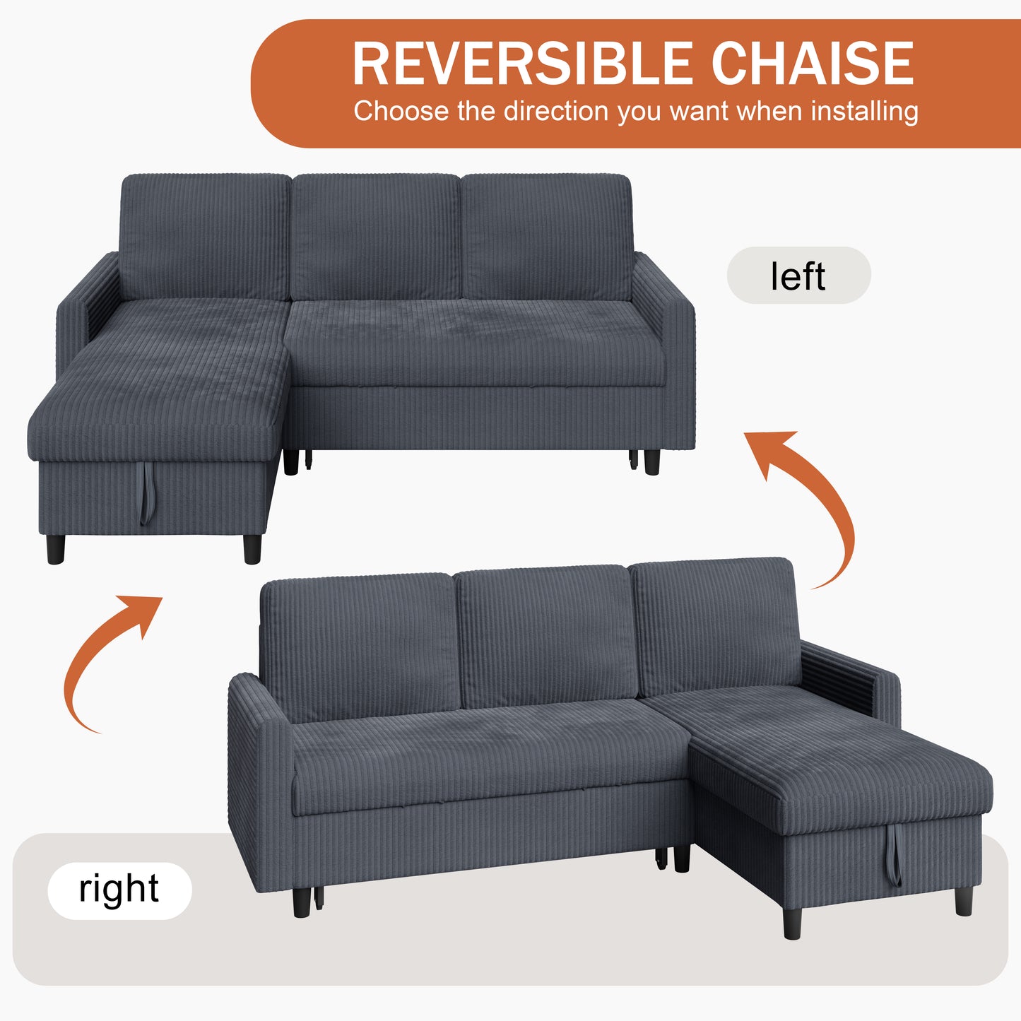 Walsunny Sectional Sofa Couch Bed Storage Chaise Sleeper Pull Out Sofa Couch for Living Room Deep Gray
