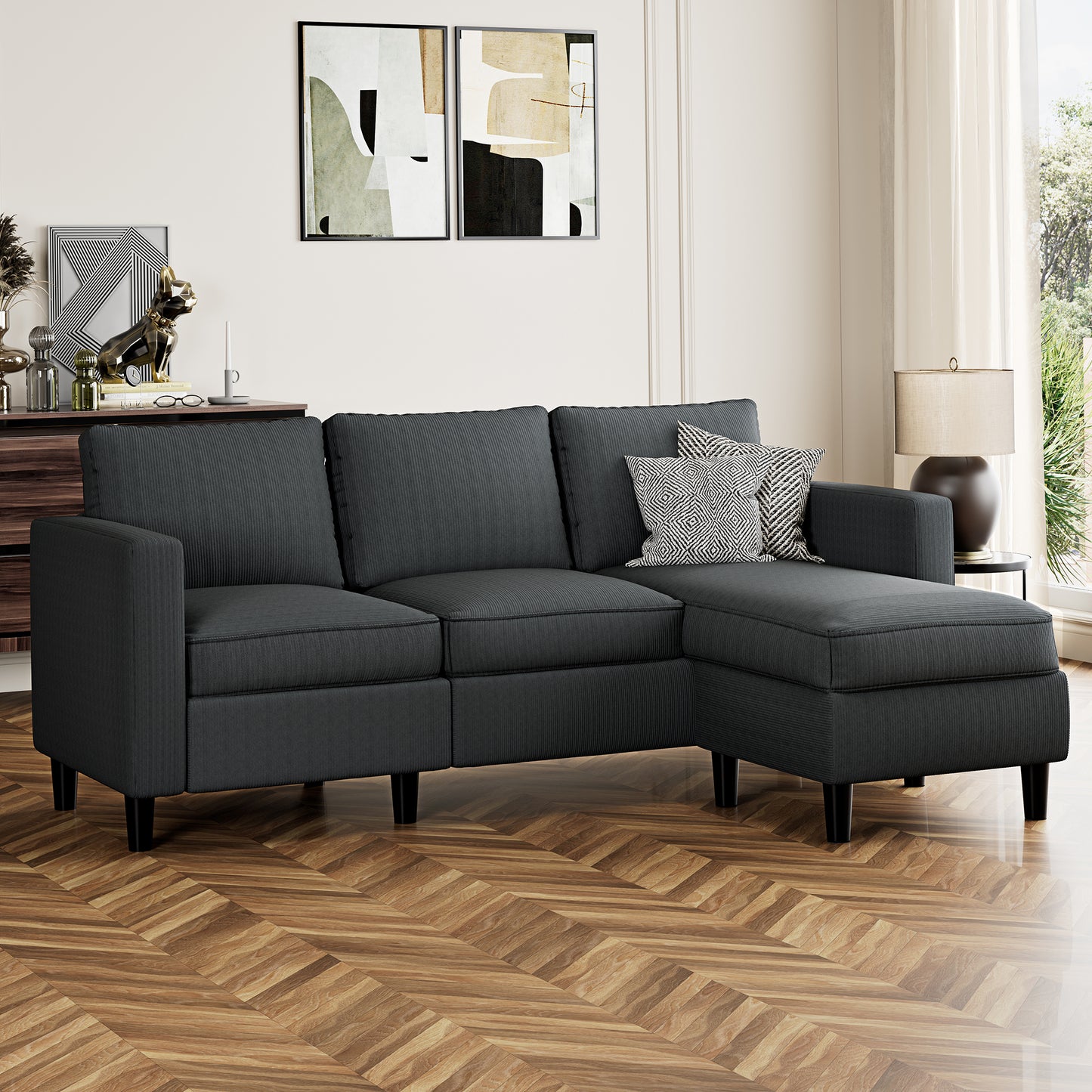 Walsunny 3-Seat L Shaped Sectional Sofa Couch with Modern Linen Fabric for Small Space