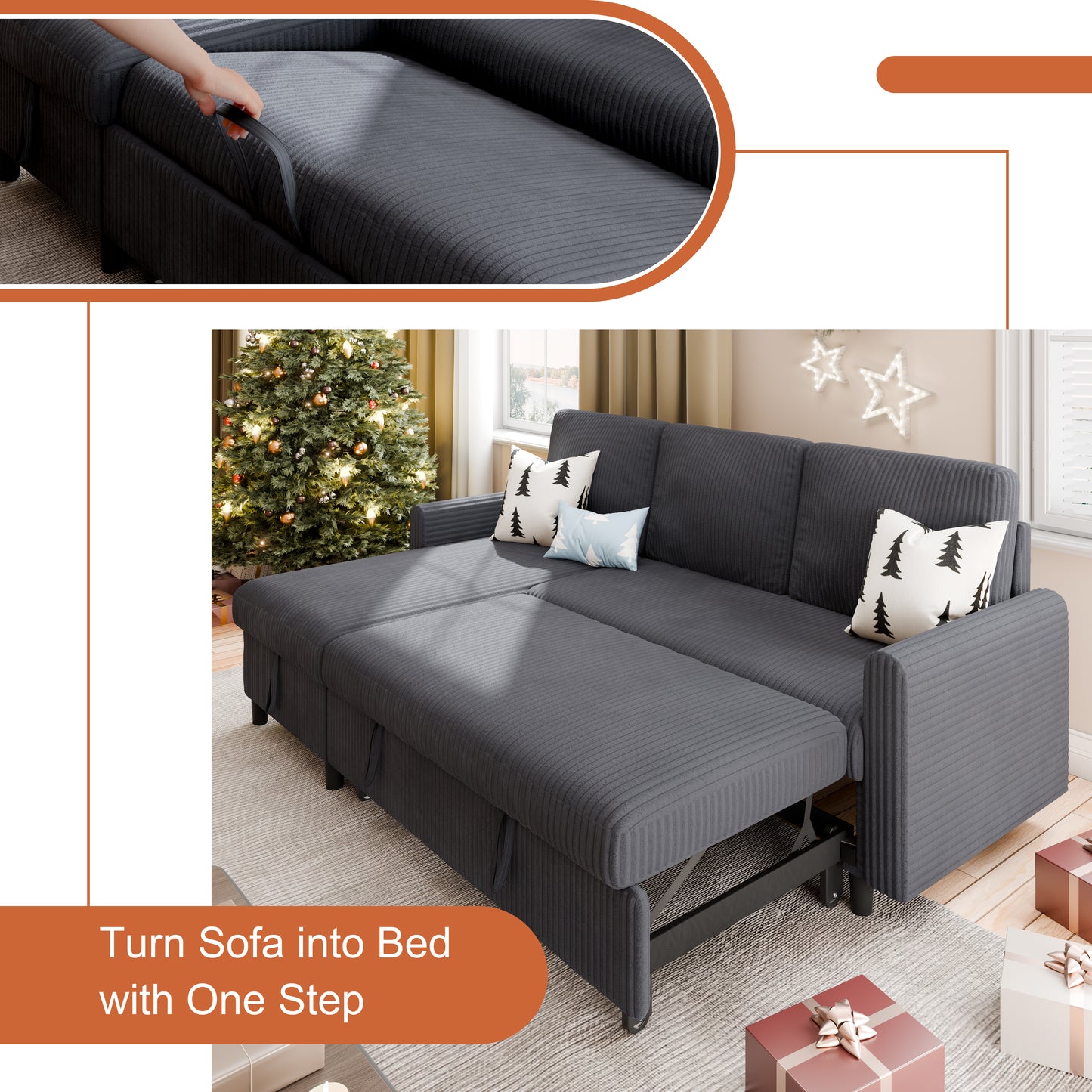 Walsunny Sectional Sofa Couch Bed Storage Chaise Sleeper Pull Out Sofa Couch for Living Room Deep Gray