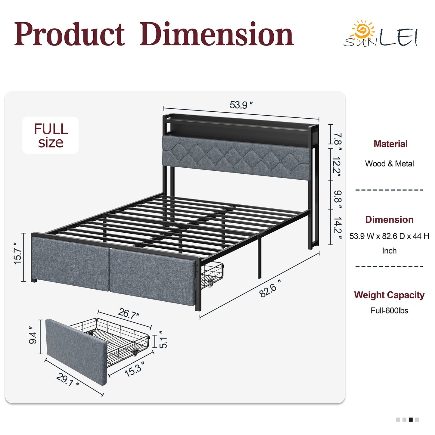 Walsunny Bed Frame with Led Light and Drawers Metal Platform Bed with Button Tufted Headboard Strong Metal Slats