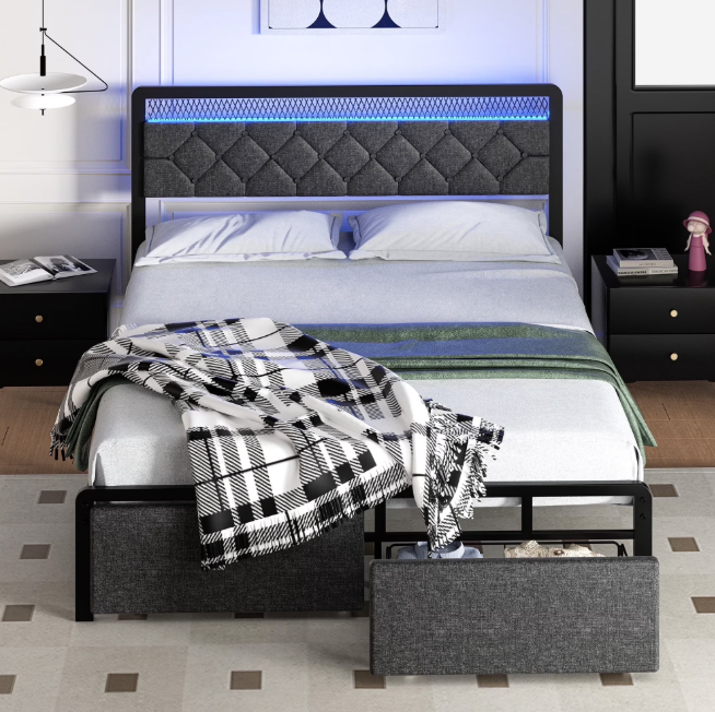 Walsunny Bed Frame with Led Light and Drawers Metal Platform Bed with Button Tufted Headboard Strong Metal Slats