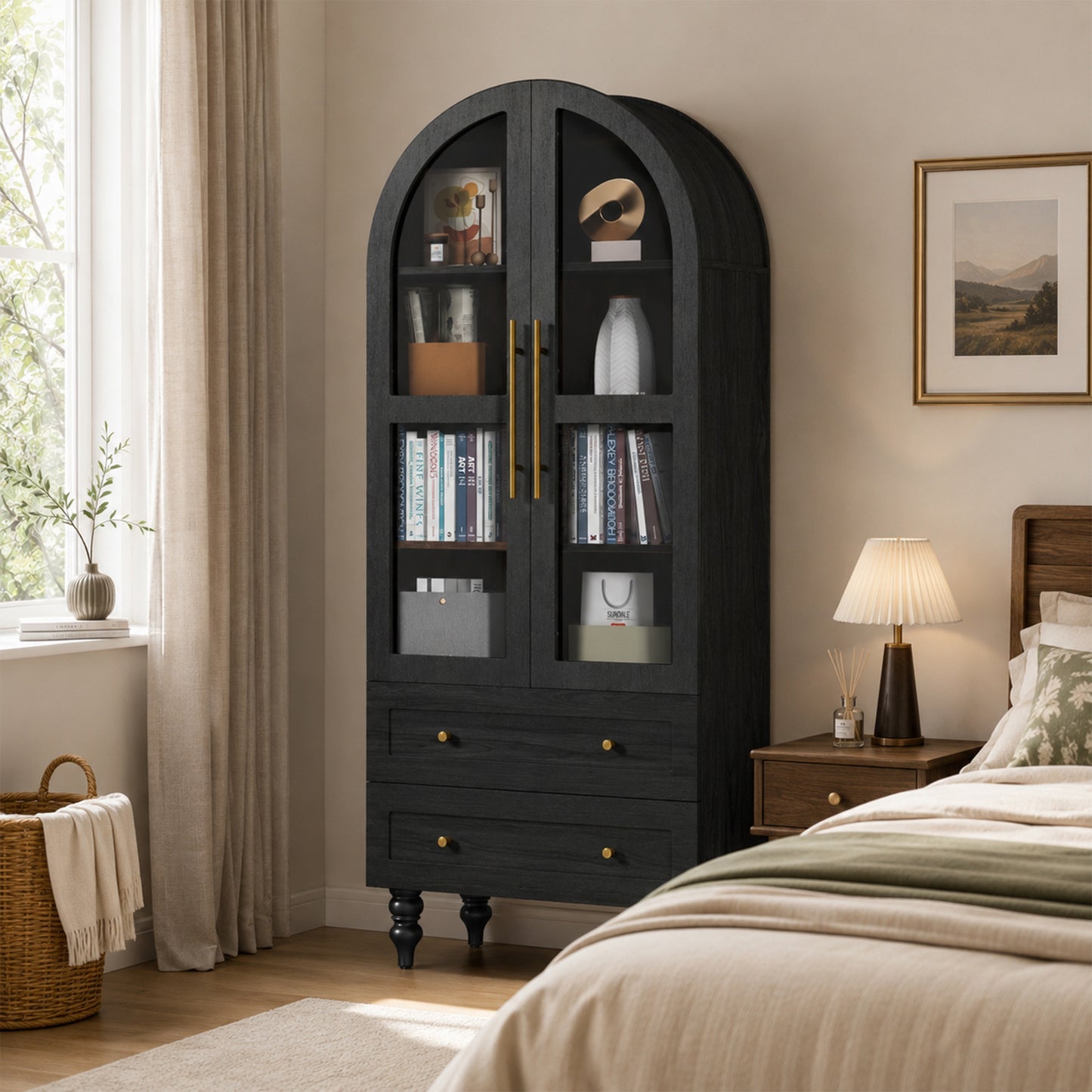 Walsunny 6-Tier Arched Bookshelf, Farmhouse Bookcase with Glass Doors & Drawers, 70" Tall Display Shelf, Wooden Storage Cabinet for Living Room, Dining Room