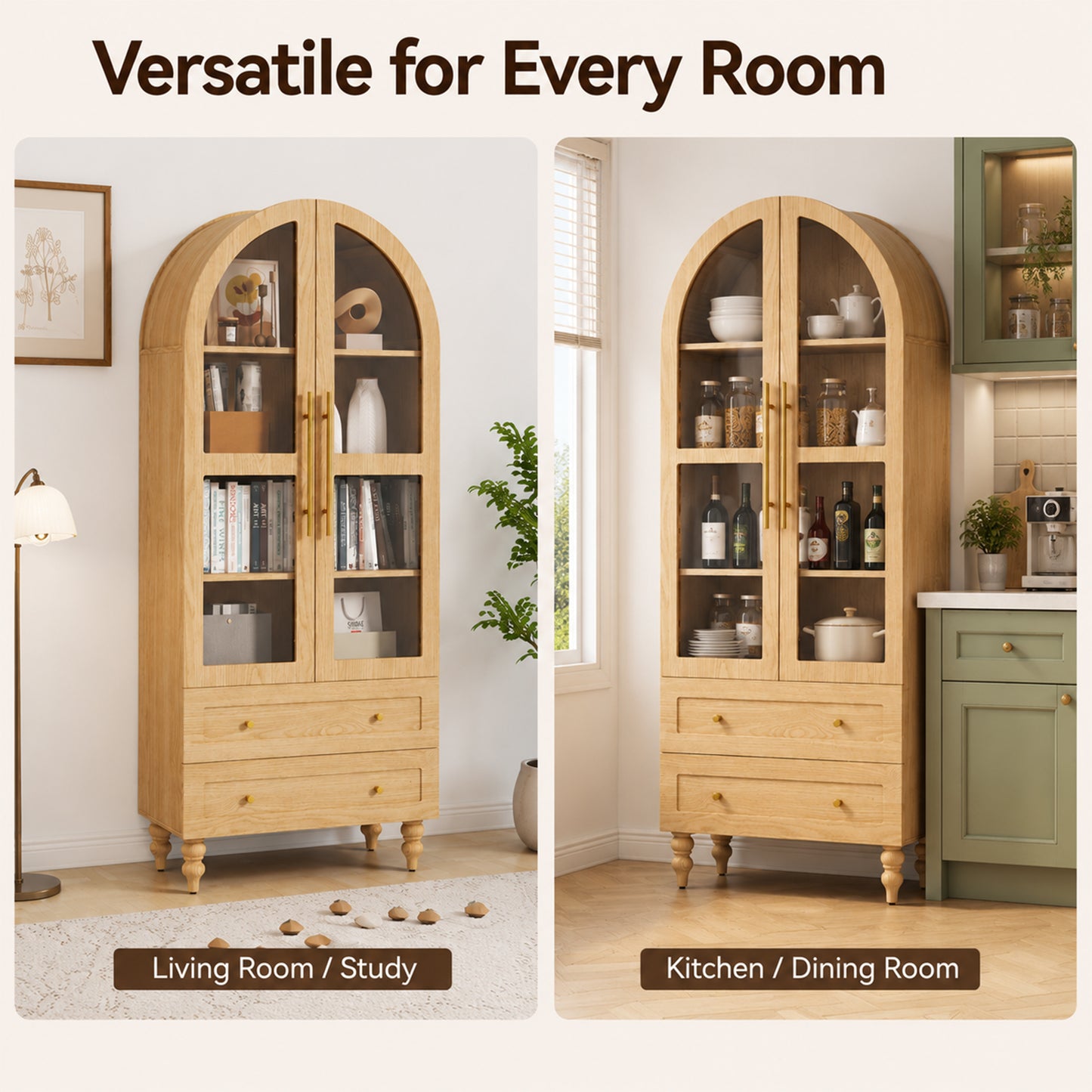 Walsunny 6-Tier Arched Bookshelf, Farmhouse Bookcase with Glass Doors & Drawers, 70" Tall Display Shelf, Wooden Storage Cabinet for Living Room, Dining Room