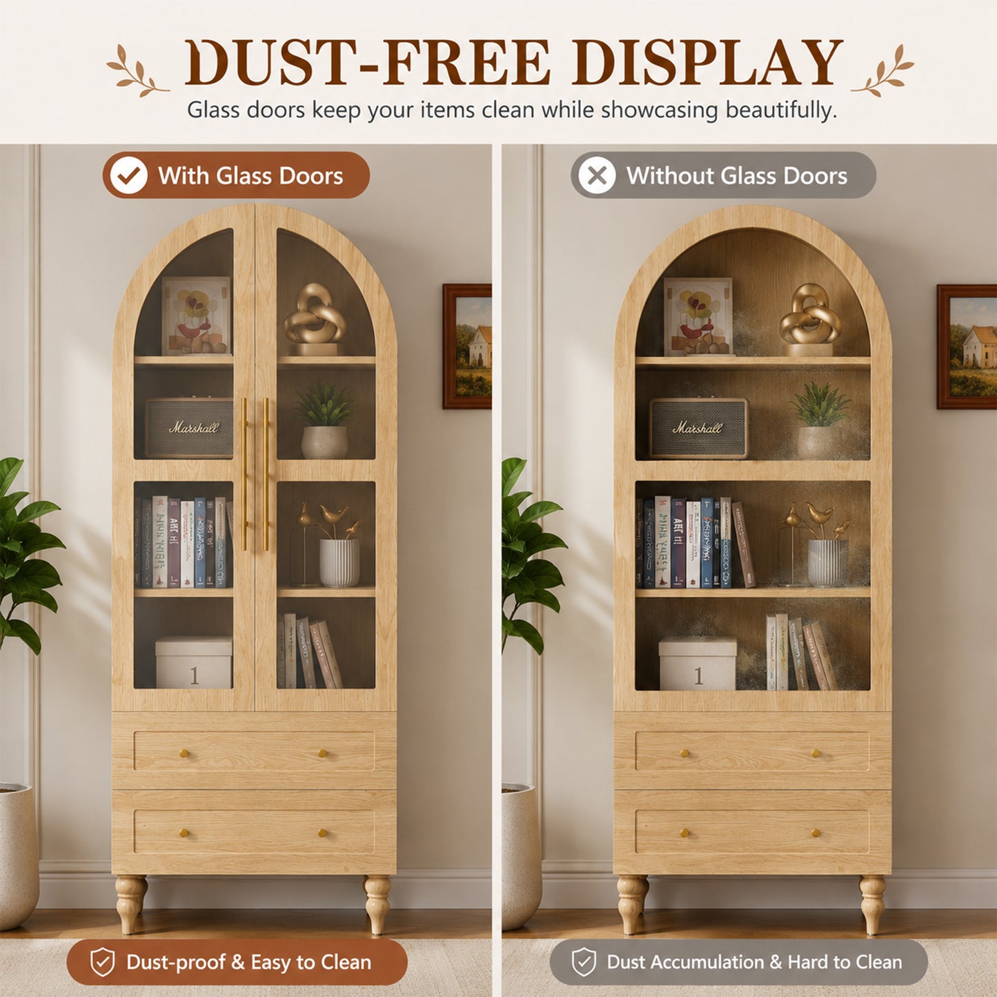 Walsunny 6-Tier Arched Bookshelf, Farmhouse Bookcase with Glass Doors & Drawers, 70" Tall Display Shelf, Wooden Storage Cabinet for Living Room, Dining Room