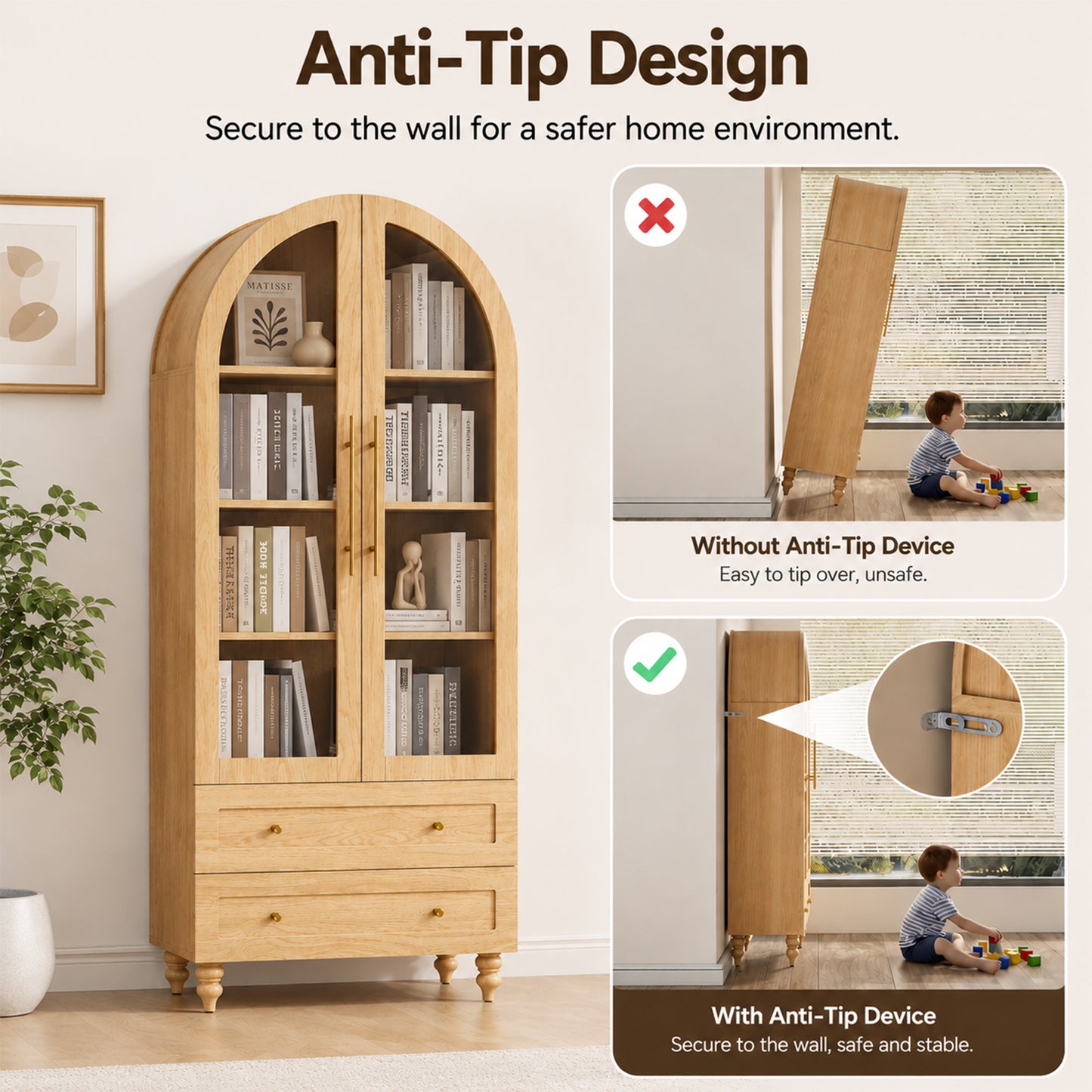Walsunny 6-Tier Arched Bookshelf, Farmhouse Bookcase with Glass Doors & Drawers, 70" Tall Display Shelf, Wooden Storage Cabinet for Living Room, Dining Room