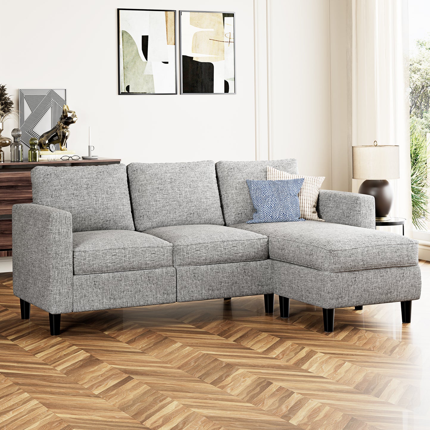 Walsunny 3-Seat L Shaped Sectional Sofa Couch with Modern Linen Fabric for Small Space