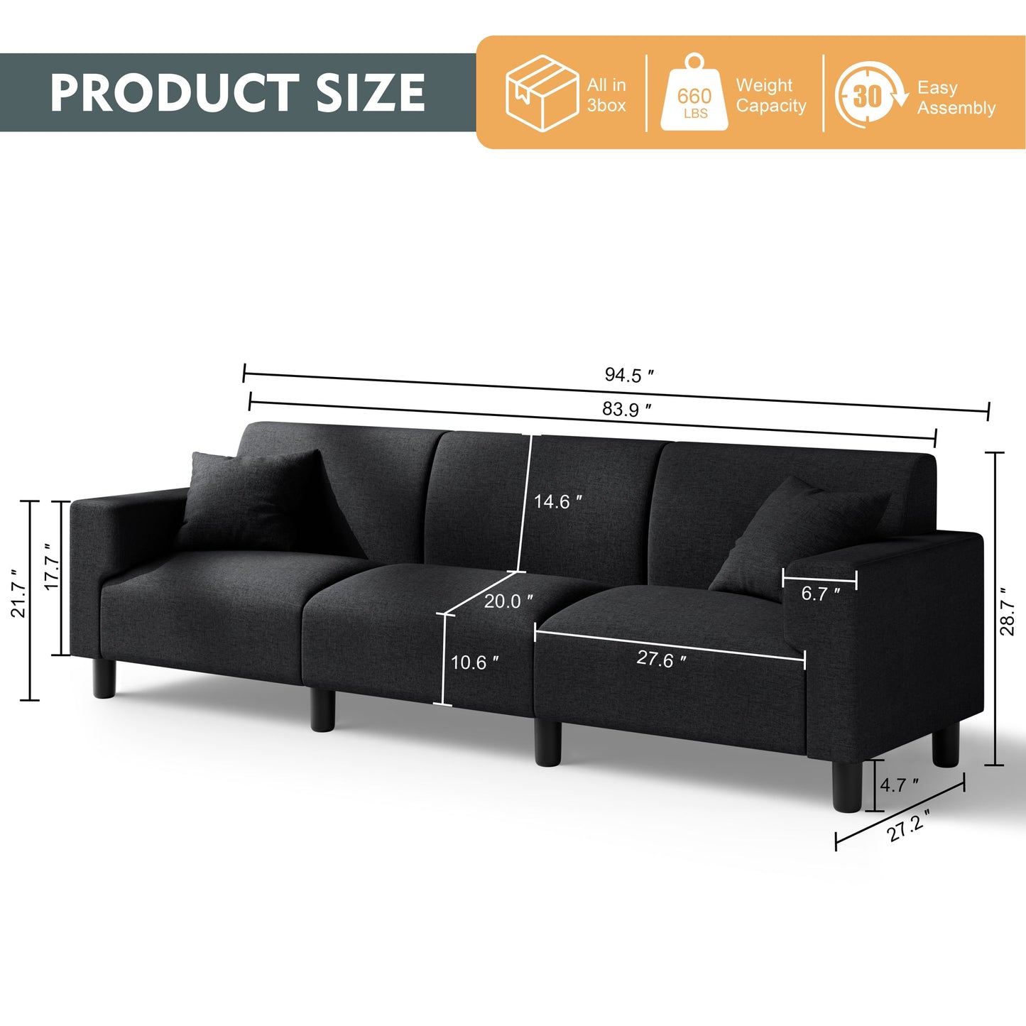 Walsunny 94'' Convertible Sectional Sofa Couch with 3 Seats