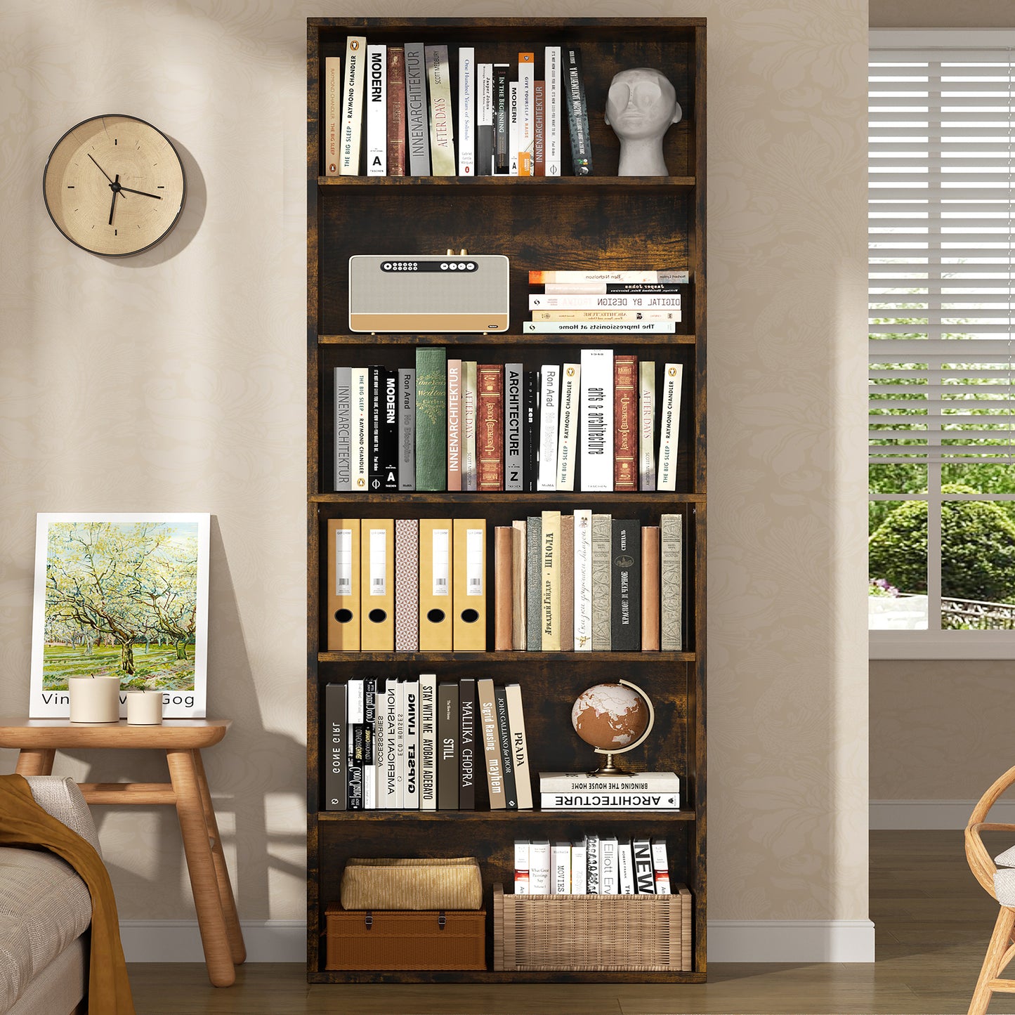 Walsunny 6 Tier Bookshelf Standard Wooden Bookcase Display Shelf with Storage Anti-tipping Device for Home Office Living Room
