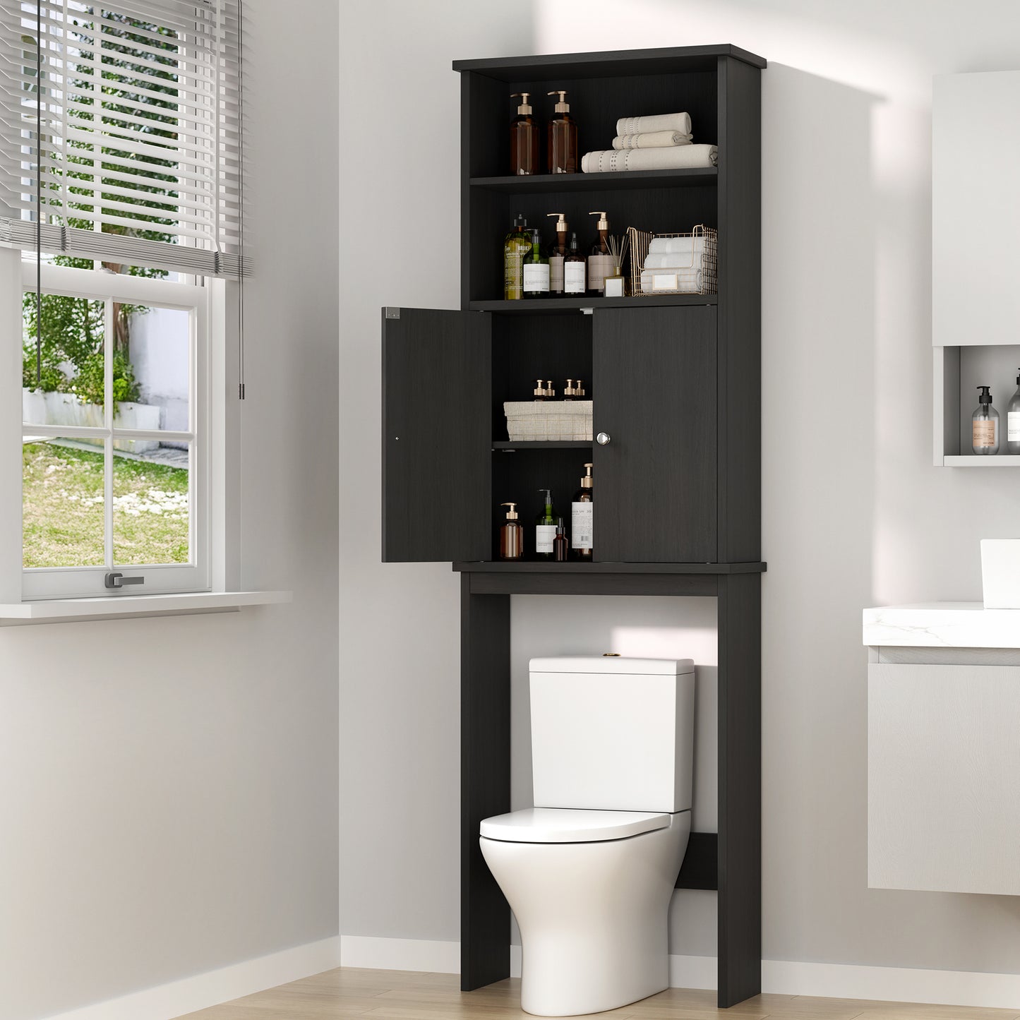 Walsunny Over The Toilet Storage Cabinet,Bathroom Adjustable Shelf Organizer with Open Bottom Bar and Anti-Tip Device White