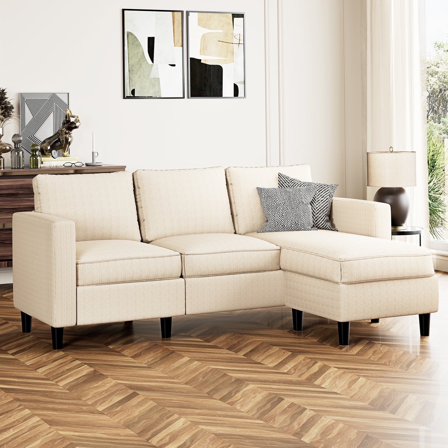 Walsunny 3-Seat L Shaped Sectional Sofa Couch with Modern Linen Fabric for Small Space