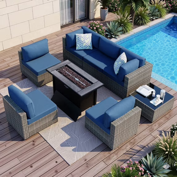 Walsunny 8 Pieces Patio Wicker Rattan Fire Pit Furniture Conversation Sets with Outdoor Sectional Sofa,45" Gas Propane Fire Pit Table,Glass Coffee Table