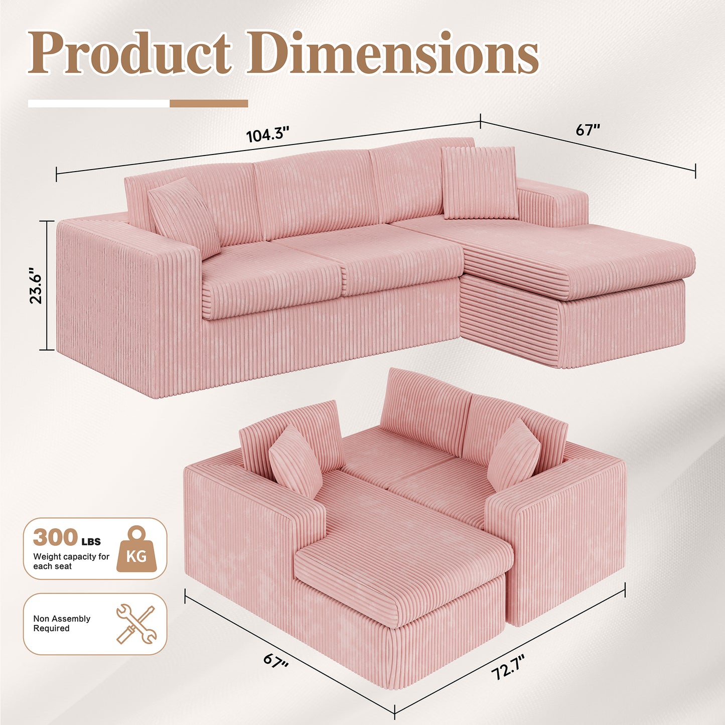 Walsunny 105" Boneless Couches for Living Room Modular Sectional Sofa L-Shape Couch with Oversized Chaise, Cloud Couch Deep Seat Memory Foam Upholstered for Bedroom, Plush Corduroy Fabric