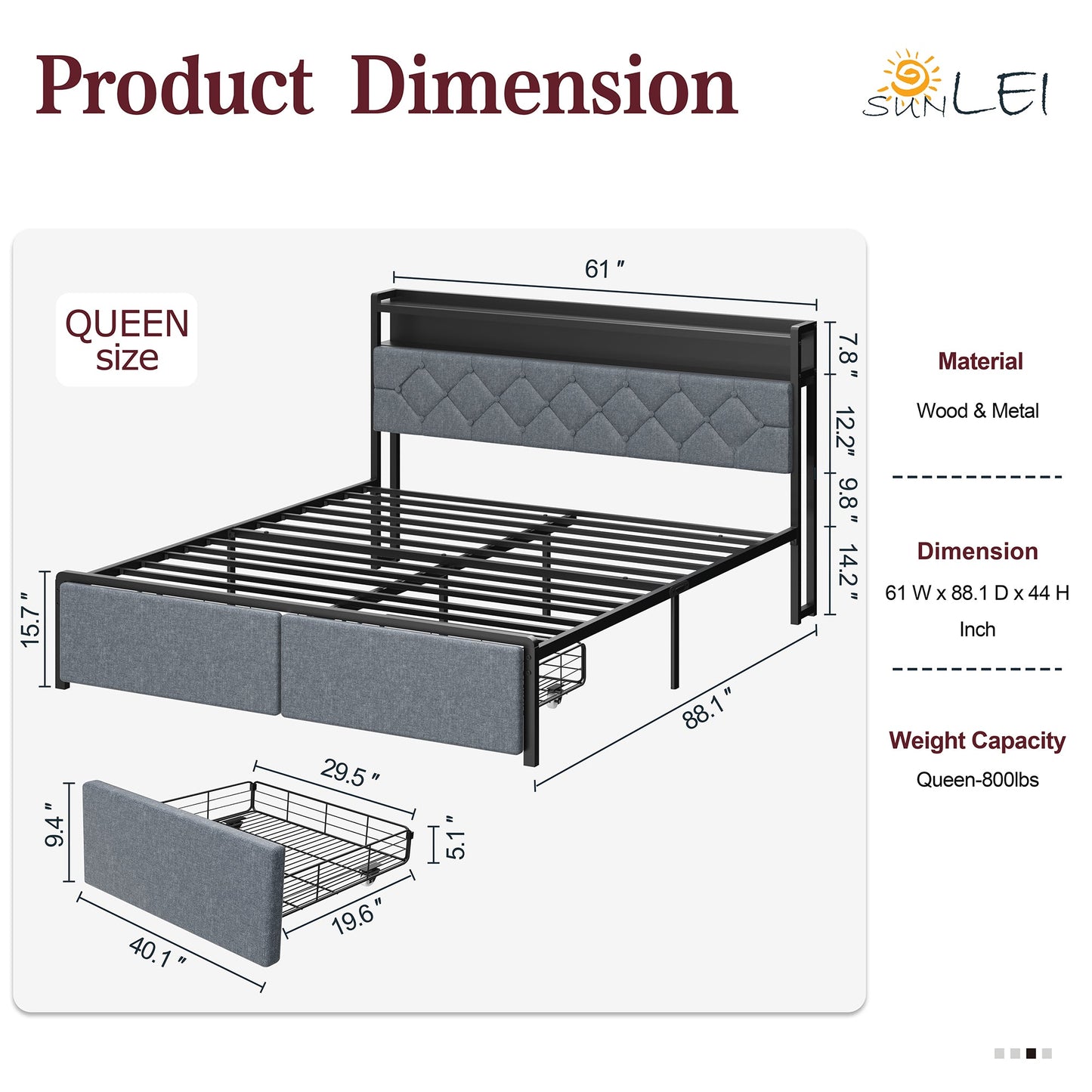 Walsunny Bed Frame with Led Light and Drawers Metal Platform Bed with Button Tufted Headboard Strong Metal Slats