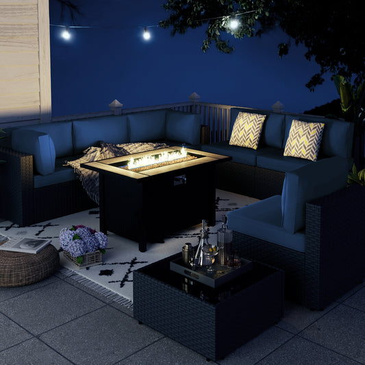 Walsunny 8 Piece Outdoor Patio Furniture Set with 45” Fire Pit Table Rattan Conversation Sectional Sets, Patio Couch with Tempered Glass Tea Table, Thickened Grey Cushions for Porch Backyard Lounge