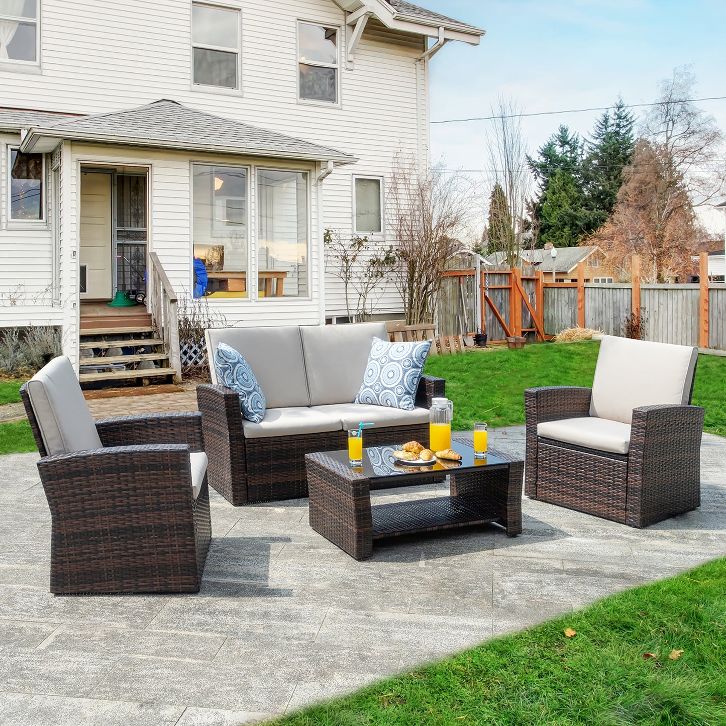 Walsunny 4 Pieces Outdoor Wicker Rattan Sectional Sofa With Seat Cushions