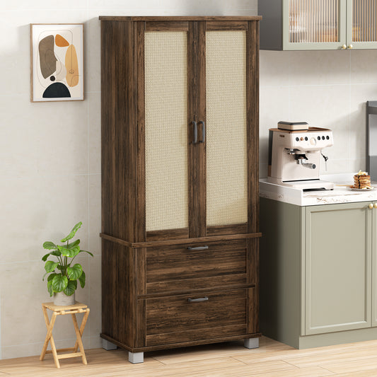 Walsunny 64" kitchen Pantry Cabinet with Rattan Doors and 2 Drawers, Freestanding Tall Storage Cabinet with Wine Rack Rattan Pantry Brown