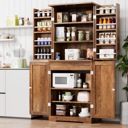 Walsunny 66.7" Tall Kitchen Pantry Cabinet Freestanding Farmhouse Storage Cabinet with 8 Door Shelves, 2 Cabinets and 1 Drawer Tall Cupboard Rustic Brown