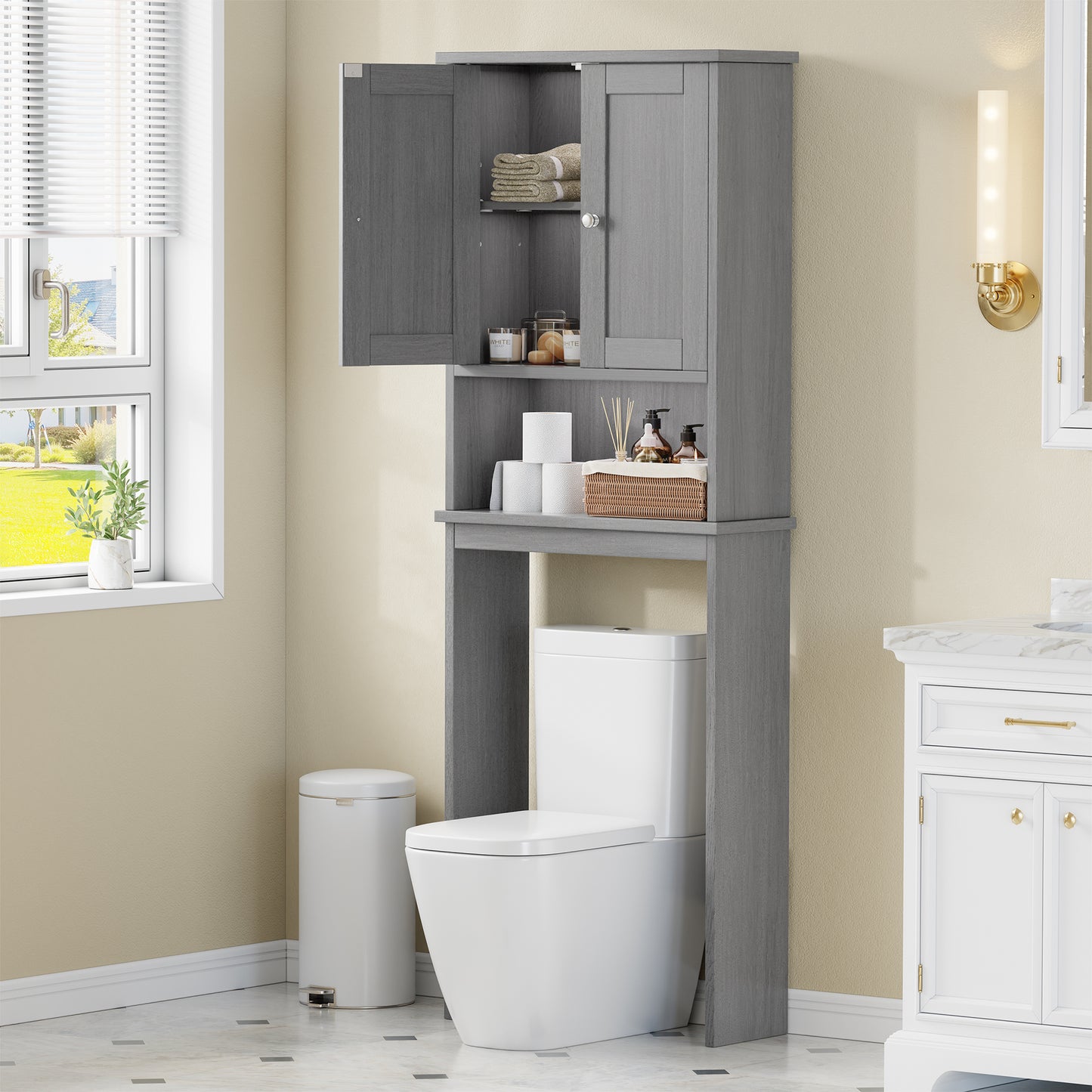 Walsunny Over The Toilet Storage Cabinet, Bathroom Shelf Organizer with Anti-Tip Device Small Freestanding Space Saver with Adjustable Shelf