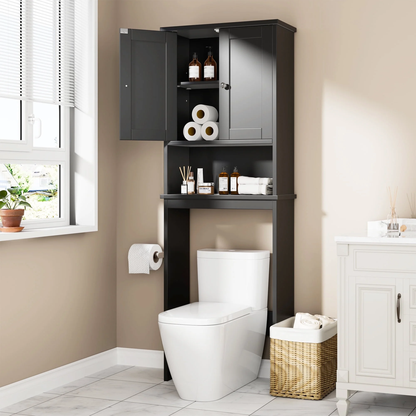 Walsunny Over The Toilet Storage Cabinet, Bathroom Shelf Organizer with Anti-Tip Device Small Freestanding Space Saver with Adjustable Shelf