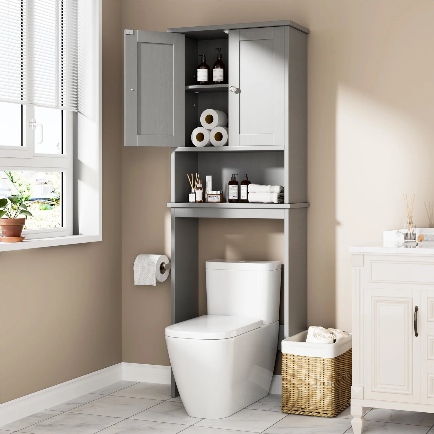 Walsunny Over The Toilet Storage Cabinet, Bathroom Shelf Organizer with Anti-Tip Device Small Freestanding Space Saver with Adjustable Shelf