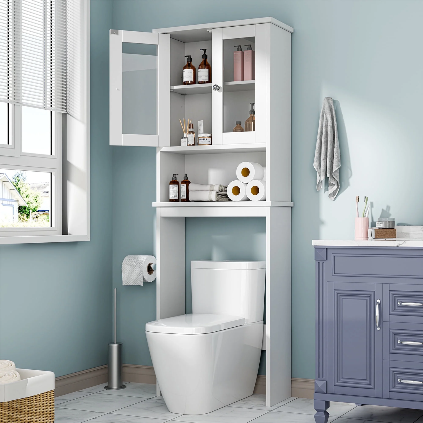 Walsunny Over The Toilet Storage Cabinet, Bathroom Shelf Organizer with Anti-Tip Device Small Freestanding Space Saver with Adjustable Shelf