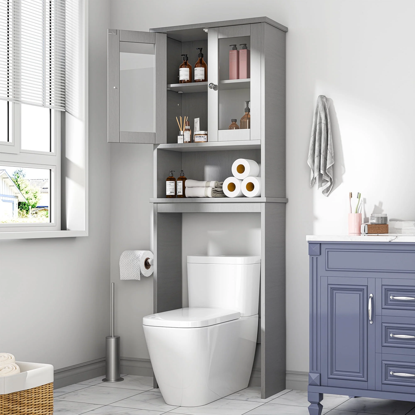 Walsunny Over The Toilet Storage Cabinet, Bathroom Shelf Organizer with Anti-Tip Device Small Freestanding Space Saver with Adjustable Shelf