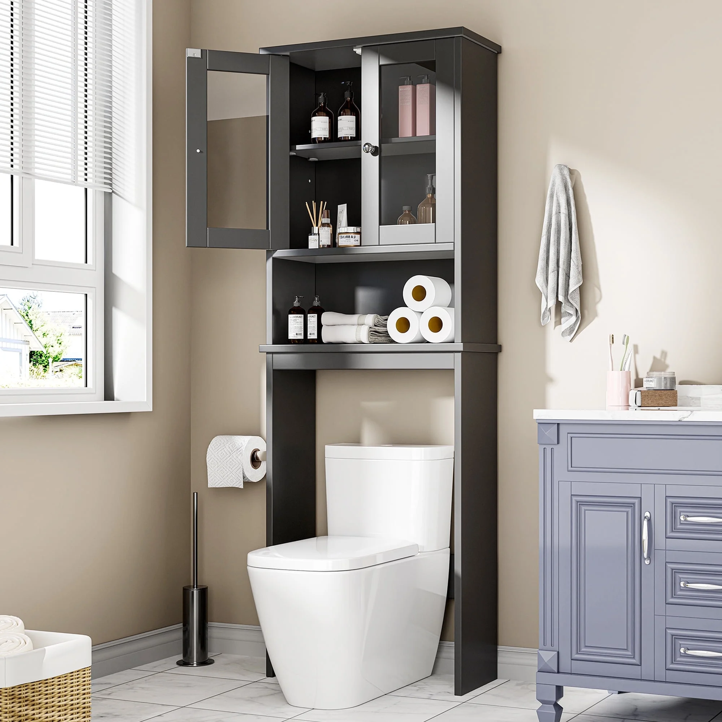 Walsunny Over The Toilet Storage Cabinet, Bathroom Shelf Organizer with Anti-Tip Device Small Freestanding Space Saver with Adjustable Shelf