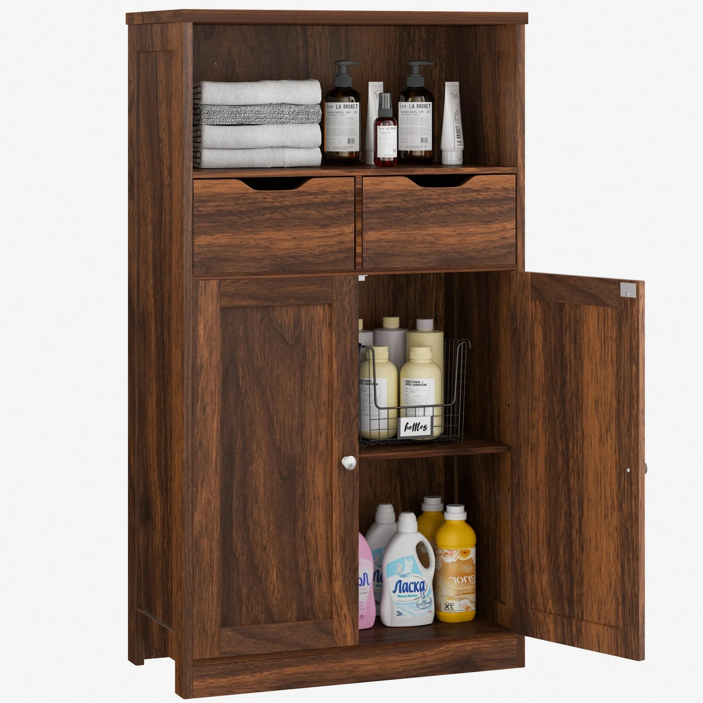 Walsunny Bathroom Storage Cabinet, Freestanding Pantry Cabinet with 2 Drawers and Adjustable Shelves, Wooden Floor Storage Organizer for Bathroom, Living Room, Kitchen, Entryway, Farmhouse