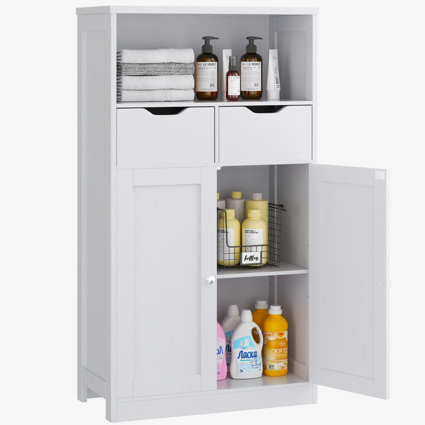 Walsunny Bathroom Storage Cabinet, Freestanding Pantry Cabinet with 2 Drawers and Adjustable Shelves, Wooden Floor Storage Organizer for Bathroom, Living Room, Kitchen, Entryway, Farmhouse