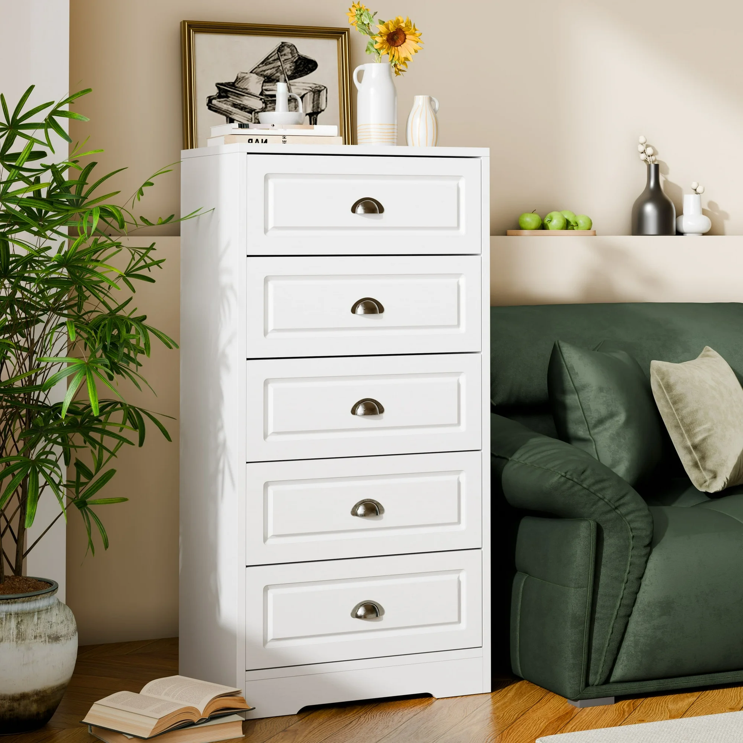 Walsunny White Vertical Dresser Modern Storage Cabinet with Handle-Drawer Chest Wood Organizer for Living Room