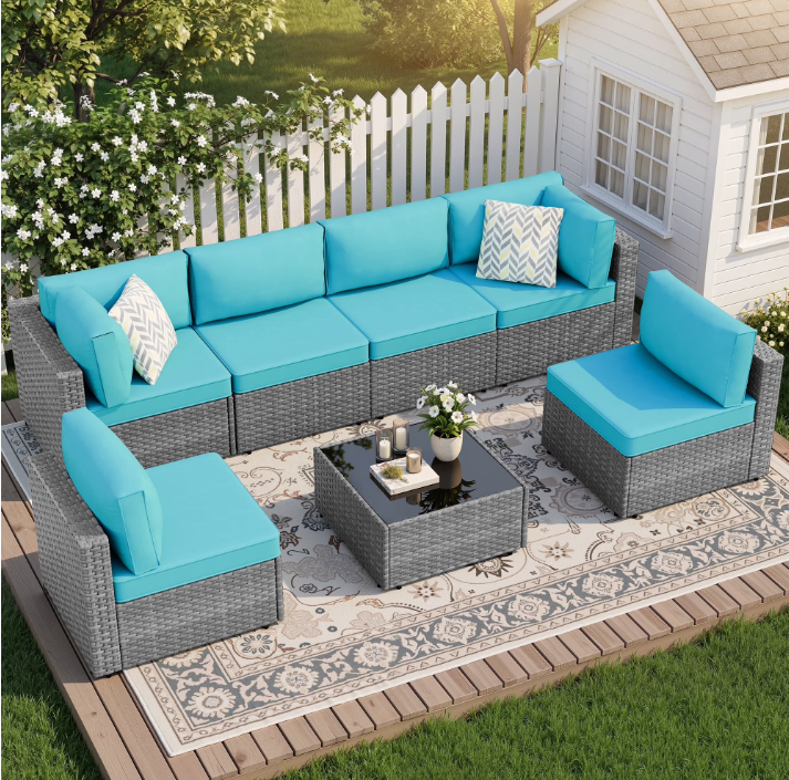 Walsunny 7 Piece Outdoor Patio Conversation Set, Rattan Sectional Sofa Set, All-Weather Outdoor Modern Sectional Furniture Wicker Couch with Glass Coffee Table