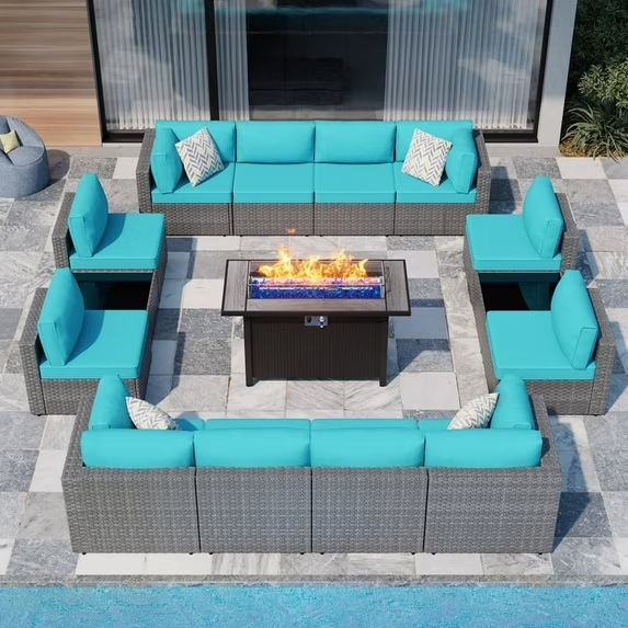 Walsunny 15 Pieces Patio Wicker Rattan Fire Pit Furniture Conversation Sets with Outdoor Sectional Sofa,45" Gas Propane Fire Pit Table,Glass Coffee Table