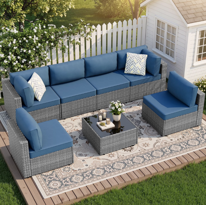Walsunny 7 Piece Outdoor Patio Conversation Set, Rattan Sectional Sofa Set, All-Weather Outdoor Modern Sectional Furniture Wicker Couch with Glass Coffee Table