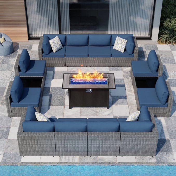 Walsunny 15 Pieces Patio Wicker Rattan Fire Pit Furniture Conversation Sets with Outdoor Sectional Sofa,45" Gas Propane Fire Pit Table,Glass Coffee Table