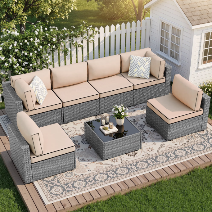 Walsunny 7 Piece Outdoor Patio Conversation Set, Rattan Sectional Sofa Set, All-Weather Outdoor Modern Sectional Furniture Wicker Couch with Glass Coffee Table