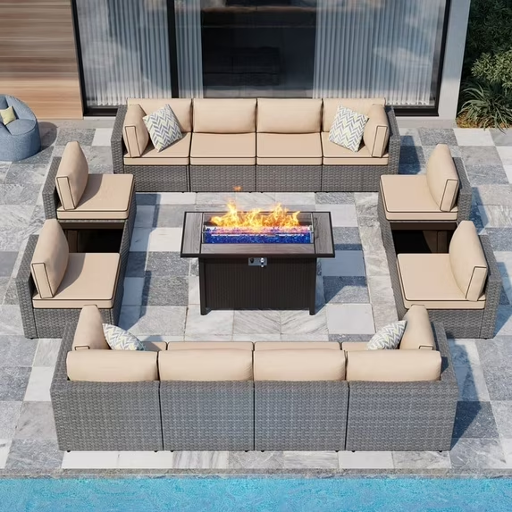 Walsunny 15 Pieces Patio Wicker Rattan Fire Pit Furniture Conversation Sets with Outdoor Sectional Sofa,45" Gas Propane Fire Pit Table,Glass Coffee Table