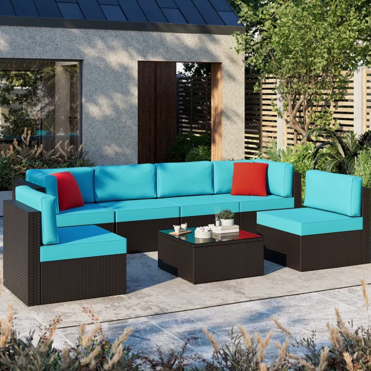 Patio Furniture Set, Walsunny 7 Piece All Weather Outdoor Sectional Sofa, Wicker Patio Conversation Set with Cushions and Tempered Glass Table for Backyard Porch