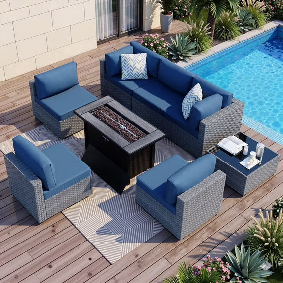Walsunny 8 Pieces Patio Wicker Rattan Fire Pit Furniture Conversation Sets with Outdoor Sectional Sofa,45" Gas Propane Fire Pit Table,Glass Coffee Table