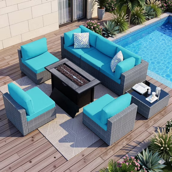 Walsunny 8 Pieces Patio Wicker Rattan Fire Pit Furniture Conversation Sets with Outdoor Sectional Sofa,45" Gas Propane Fire Pit Table,Glass Coffee Table
