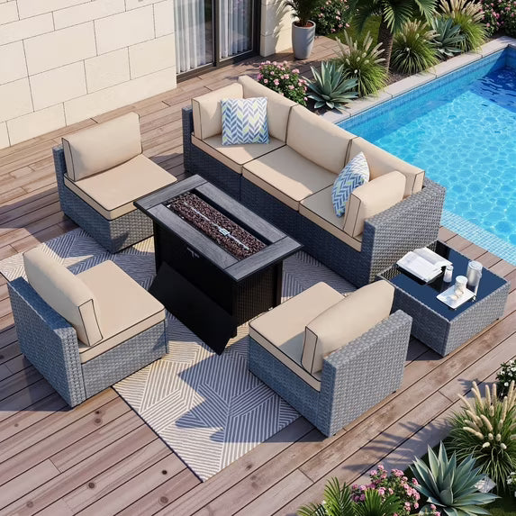 Walsunny 8 Pieces Patio Wicker Rattan Fire Pit Furniture Conversation Sets with Outdoor Sectional Sofa,45" Gas Propane Fire Pit Table,Glass Coffee Table