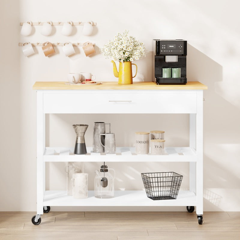 Walsunny 40‘’ Kitchen Island Storage & Bar Cart with Solid Wood Top#color_white