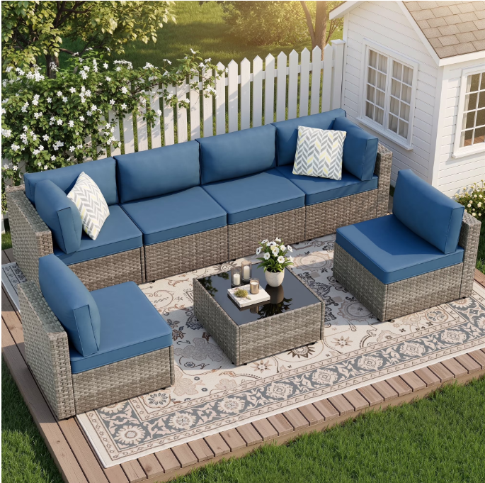 Walsunny 7 Piece Outdoor Patio Conversation Set, Rattan Sectional Sofa Set, All-Weather Outdoor Modern Sectional Furniture Wicker Couch with Glass Coffee Table