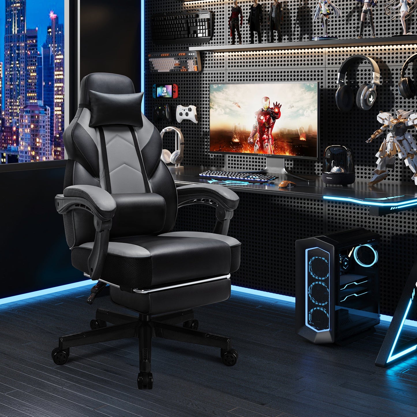 Walsunny Gaming Chairs with Footrest, Massage Leather Game Chair for Adults Big and Tall Gamer Chair with Headrest and Lumbar Support with Ergonomic PU Leather