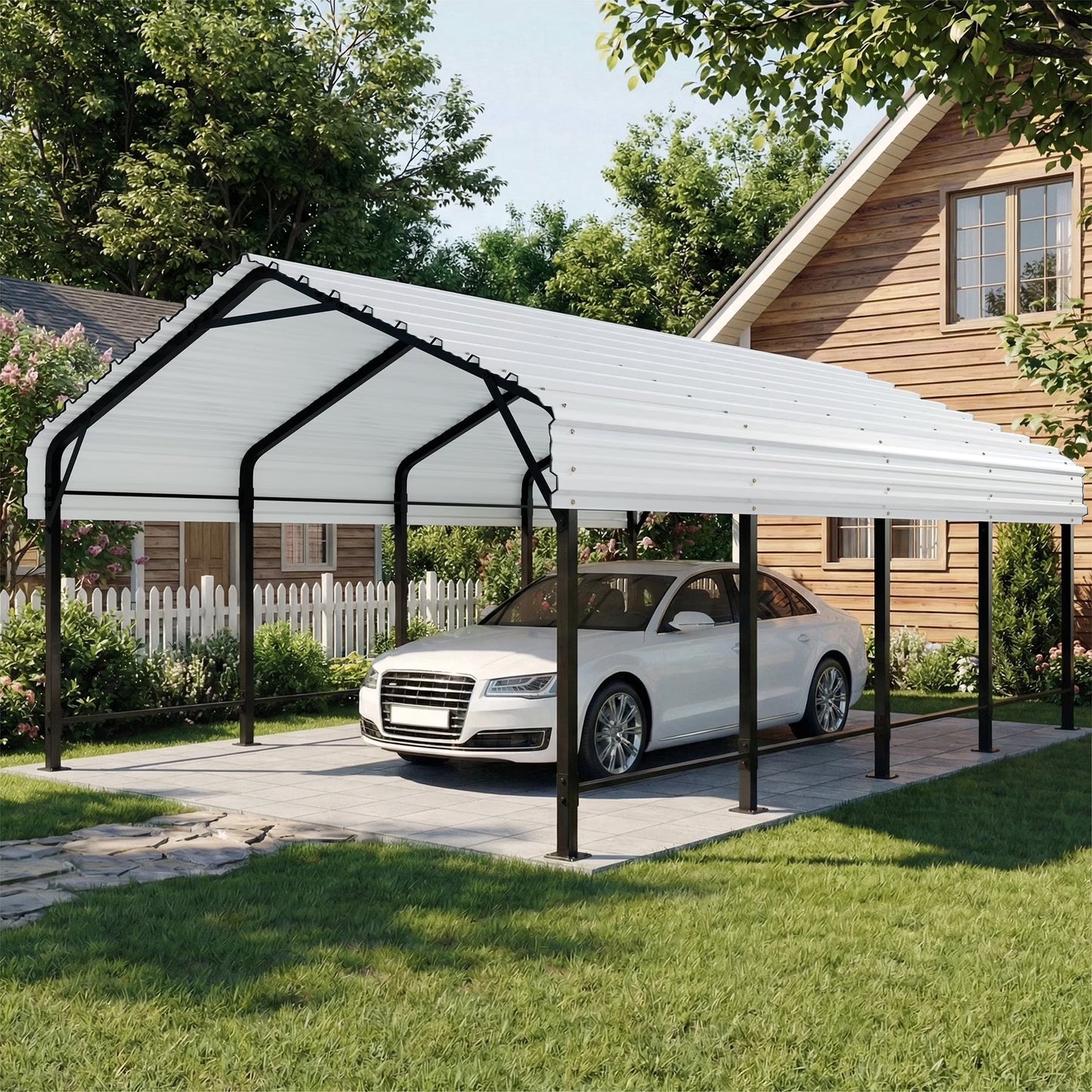 Walsunny 20X20ft Steel Carport, Outdoor Heavy Duty Carport Canopy with Galvanized Steel Roof, Metal Carport Extra Large Garage Car Storage Shelter, White