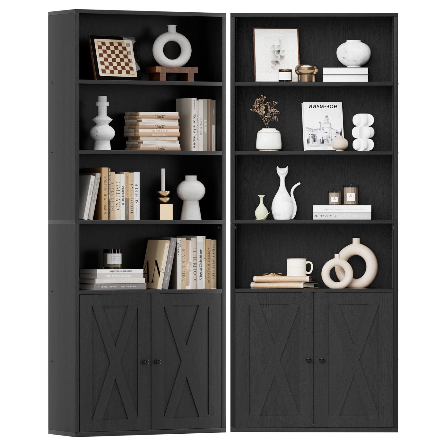 Walsunny Bookshelf Bookcase with Doors,6 Shelf Storage Shelves Tall Bookcase for Bedroom,Living Room and Office,Black