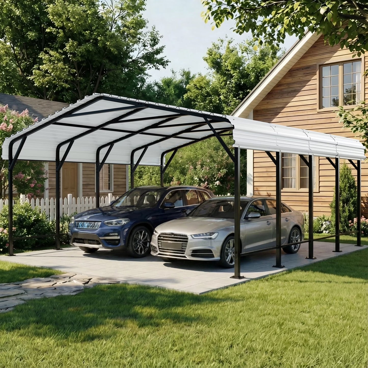 Walsunny 20X20ft Steel Carport, Outdoor Heavy Duty Carport Canopy with Galvanized Steel Roof, Metal Carport Extra Large Garage Car Storage Shelter, White