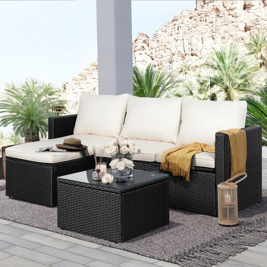 Walsunny 3 Piece White Outdoor Furniture Sectional Sofa Patio Set with Black Rattan Wicker