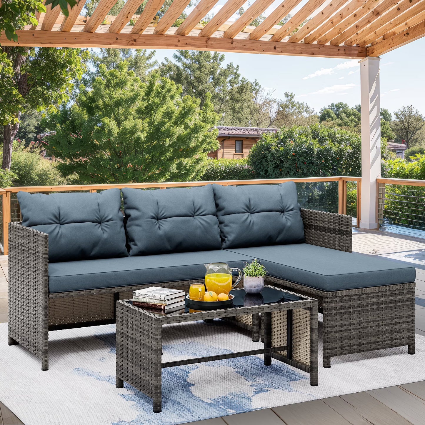 Walsunny 3 Pieces Patio Furniture Set Outdoor Patio Sectional Sofa Weaving Wicker Rattan All Weather Patio Seating Sofas with Cushion and Glass Coffee Table Grayish Blue