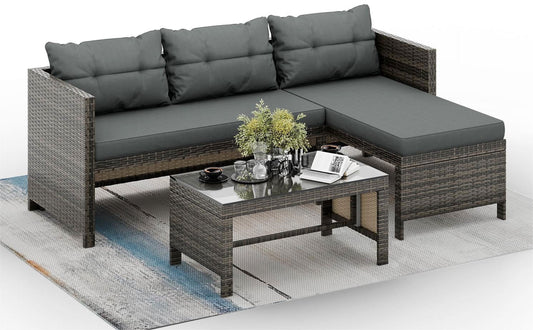 Walsunny 3 Pieces Patio Furniture Set Outdoor Patio Sectional Sofa Weaving Wicker Rattan All Weather Patio Seating Sofas with Cushion and Glass Coffee Table Grayish Blue