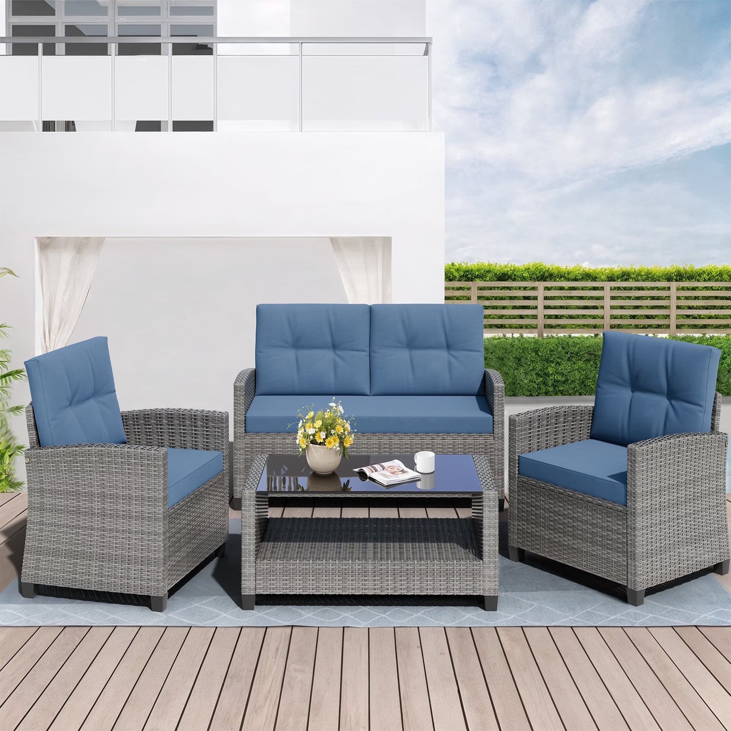 Walsunny Patio Furniture 4 Pieces Outdoor Wicker Loveseat Set